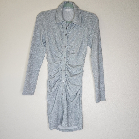 Good American Button-Up Silver Ruched Mini Dress 0 - Picture 2 of 4